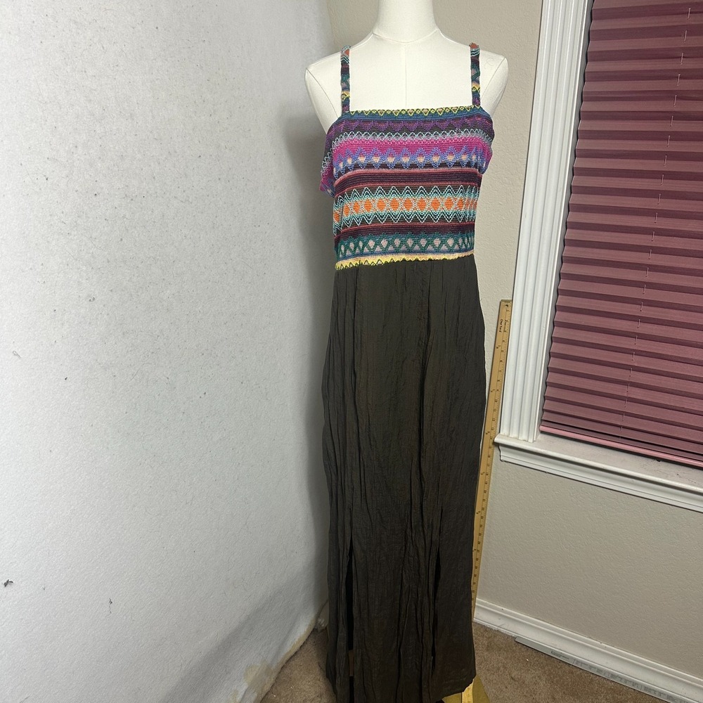 Cato‎ dress women sz L crochet top gauzy maxi dark brown slit boho hippie summer